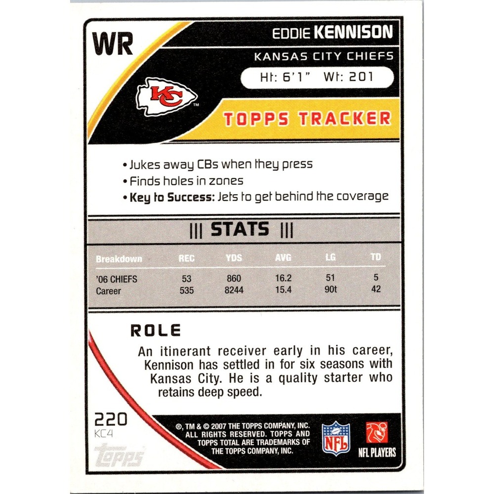 Eddie Kennison 2007 Topps Total #220 Kansas City Chiefs - Picture 2 of 2